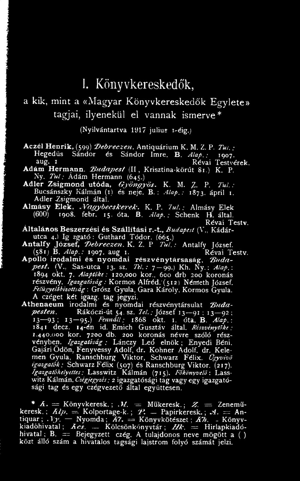 : Antalfy József. (5 8 1) B. Alap.: 1 9 0 7. aug 1. Apollo irodalmi és nyomdai részvénytársaság, B udapest. (V., Sas-utca 1 3. sz. Tel.: 7 9 9.) Kh. Ny.: Alap.-. 1 8 9 4 okt. 7. Alaptőke: 1 2 0, 0 0 0 kor.