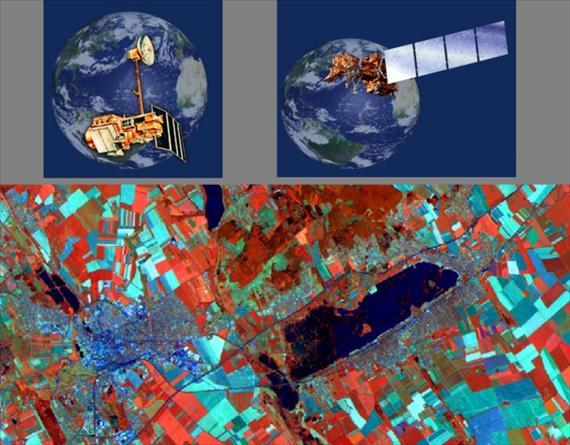 3-18. ábra LANDSAT 5 és 7 műhold modellje és LANDSAT ETM+ által készített felvétel részlet. Forrás: http://iplab2o