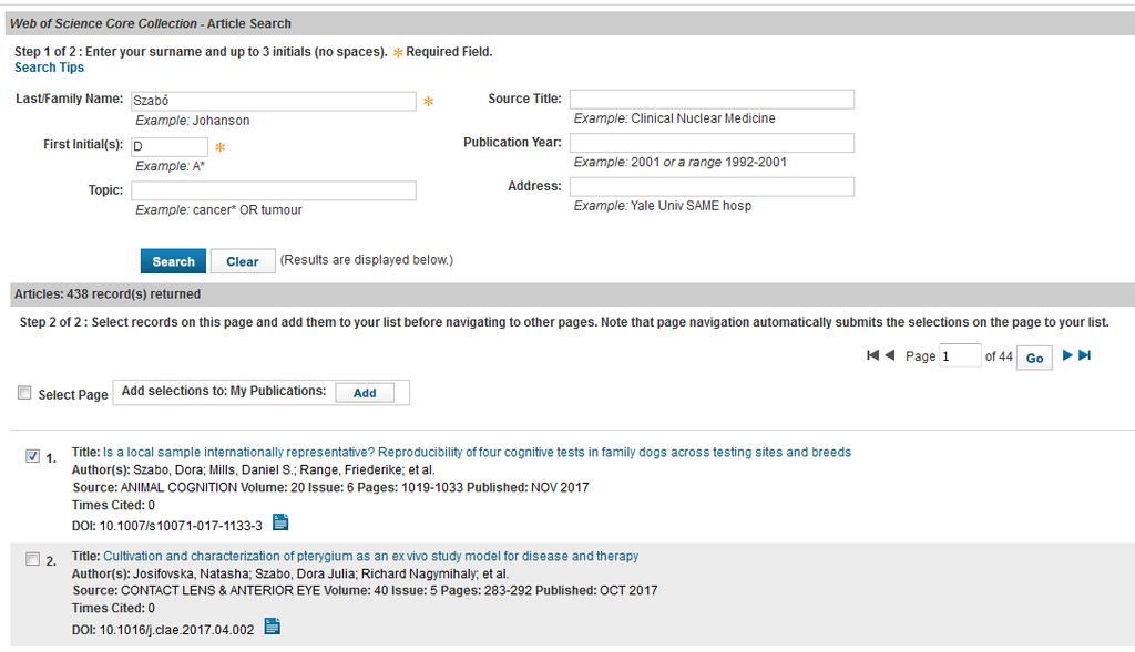 A Search Web of Science Core Collection opció kiválasztása után megjelenő oldalon a szerző vezetéknevének és a keresztnév kezdőbetűjének megadása kötelező ahhoz, hogy a Search gombbal