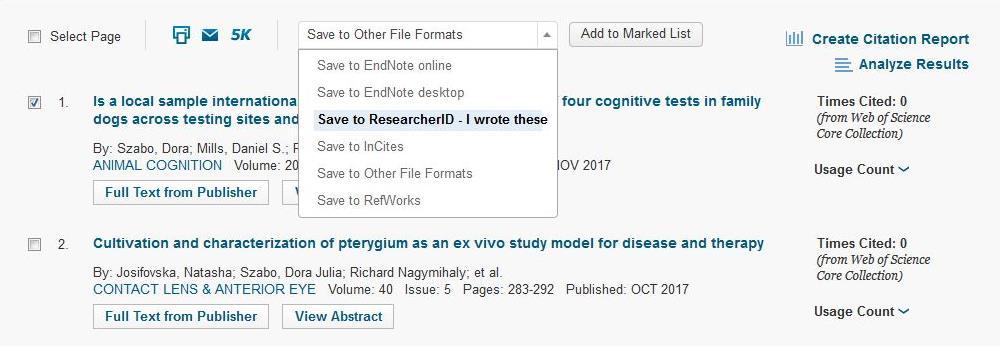 A ResearcherID profil My Publications listájához a Web of Science felületéről indulva is hozzáadhatók publikációk.