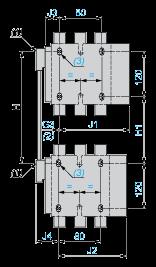 (1) Mechanical interlock shaft. (2) For assembly of contactors of different ratings only. (3) 4 x Ø6.5 for LC1 F115 to F225. Assembly A (7) - Mechanical interlock reference G3 3P G3 4P H min. H max.