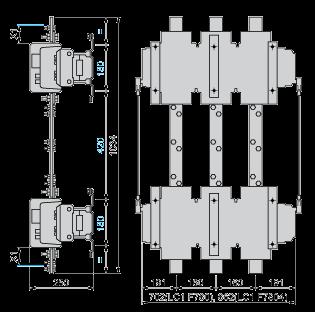 5 328.5 139.5 159.5 53 73 Assembly C (6) 4 x Ø8.5 for LC1 F400, F500 or 4 x Ø10.5 for LC1 F630 and F800. (7) Only 3P for F800. (8) In this case, G4 is greater than G5.