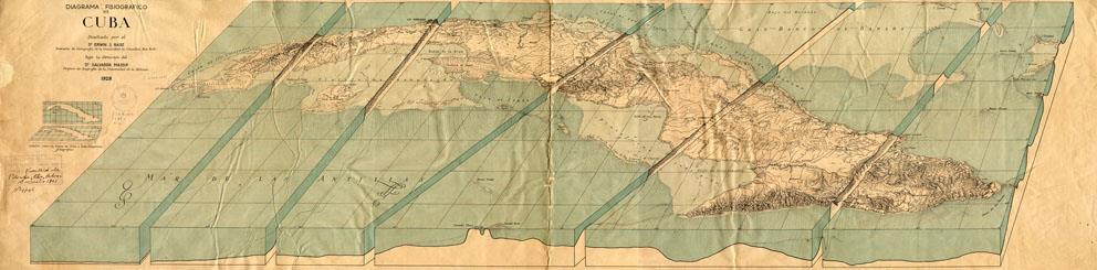 3. Kuba fiziografikus diagramja Annak ellenére, hogy Raisz Erwin diagramnak (angolul block-diagram) nevezte (RAISZ, 1930), egy szakember azonosíthatja ezt a művet olyan földrajzi térképpel, amelyen