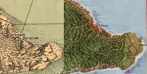 8. ábra Kuba keleti csücskének az összehasonlítása: ábrázolása az 1929-es fiziografikus diagramon (balra) és az 1945-ös térképen (jobbra) Raisz együttműködése a kubai földrajzos kollégáival akkor