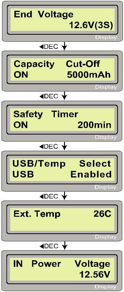 A folyamatok során megjelenő információk Számos információ olvasható le az LCD kijelzőről a töltési vagy kisütési folyamat során.