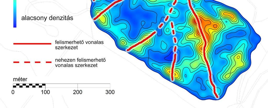 A geológiában széleskörűen használt vonalas szerkezet felismerő algoritmus az eredetileg kijelölt vonalaktól távolabb jelzett linearitást; a kernel-sűrűségbecslés eredményével összevetve csupán a 19.