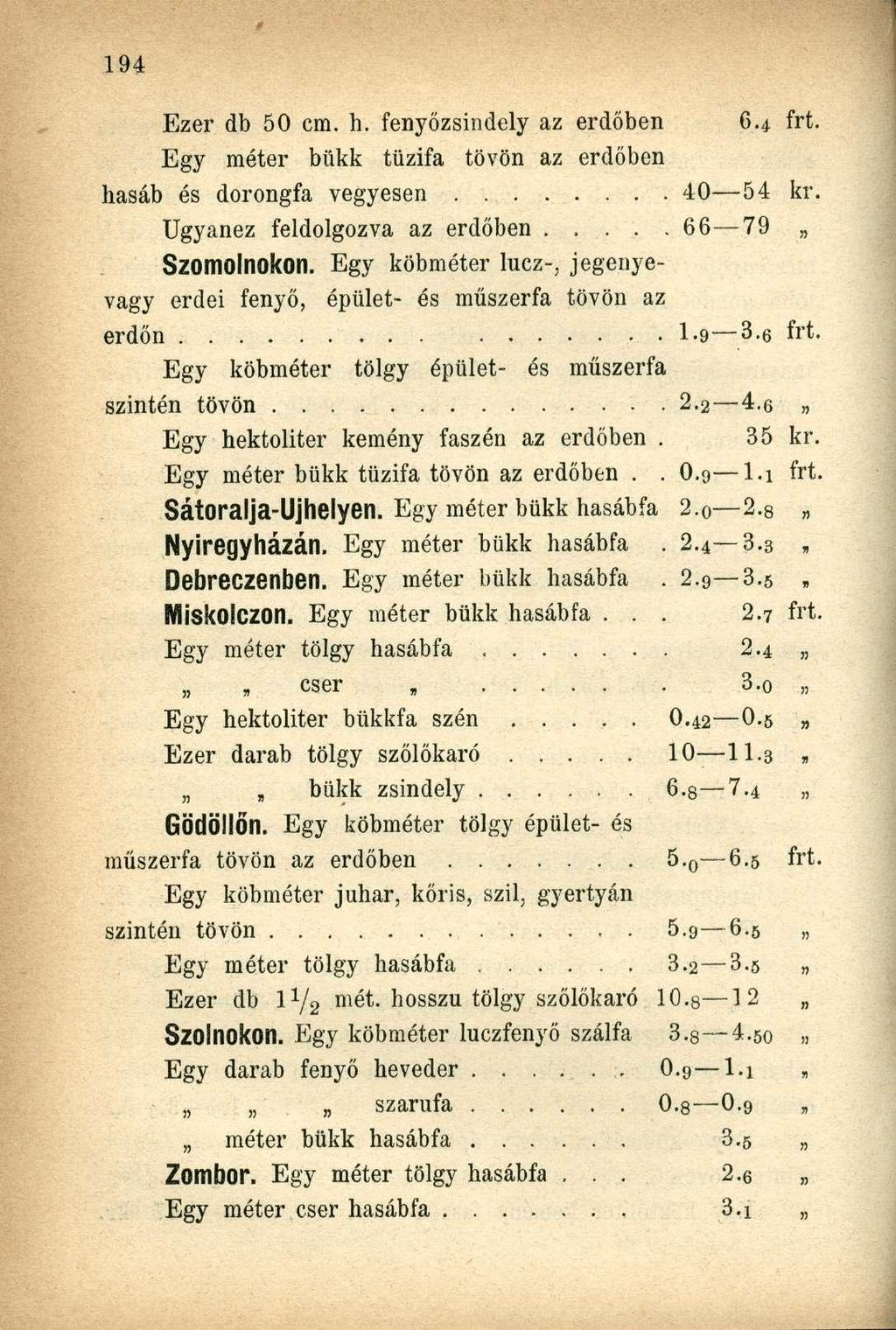 Ezer db 50 cm. h. fenyőzsindely az erdőben Egy méter bükk tűzifa tövön az erdőben 6.4 frt. hasáb és dorongfa vegyesen 40 54 kr. Ugyanez feldolgozva az erdőben 66 79 Szomolnokotl.