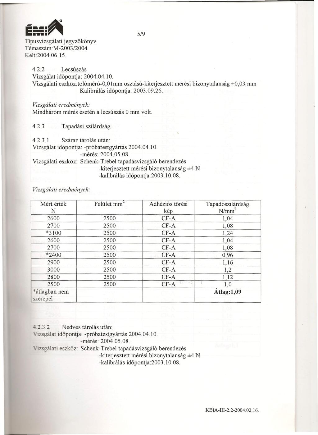 _. Ē-- Tipusvizsgálati Témaszám:M- Kelt:2004.06.1 jegyzőkönyv 2003/2004 5. 519 4.2.2 Lecsúszás Vizsgálat időpontja: 2004.04.10.