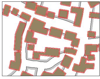 A bal oldalon a kataszteri térkép épületei, a jobboldalon az épületek összevonása a topográfiai