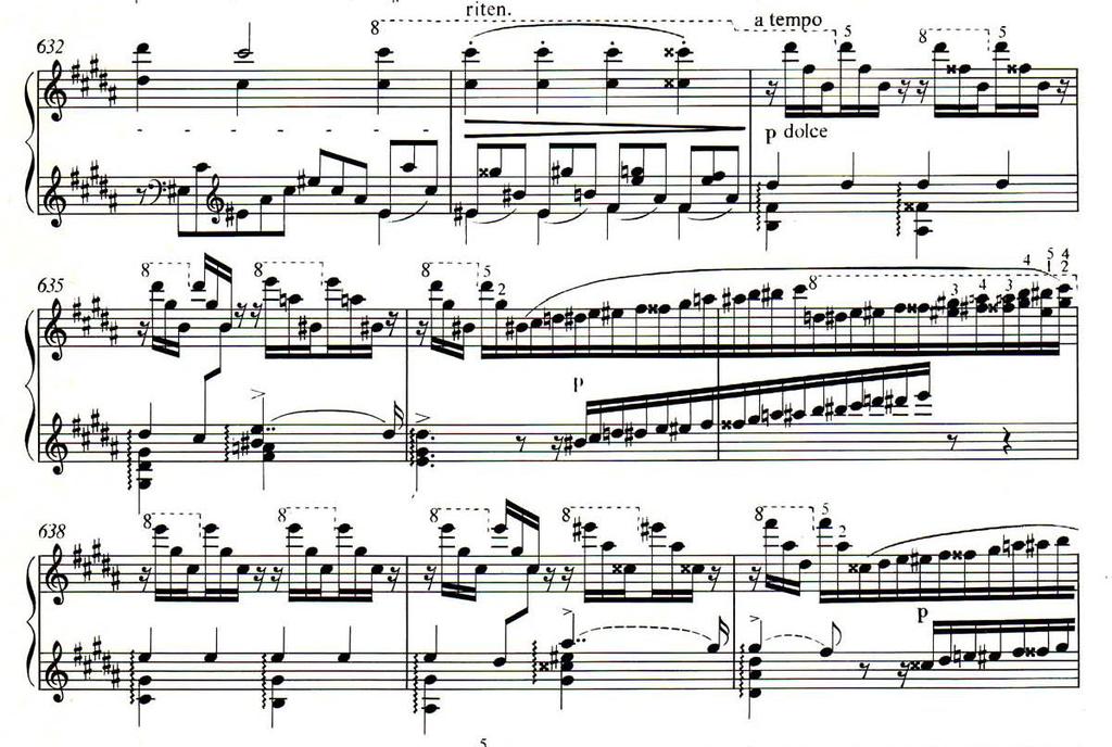II. Interpretációk összehasonlító elemzése 101 32. kottapélda. Liszt: h-moll szonáta, 632-640. ütem A 636. ütemtől kezdődő kromatikus futamot a két művész különböző módon adja elő.
