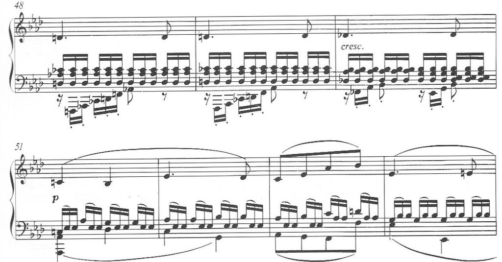II. Interpretációk összehasonlító elemzése 51 10. kottapélda. Beethoven: c-moll szonáta, Op. 13. II. tétel, 48-54. ütem A téma bekezdés előtti, 50.