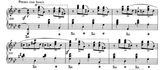 II. Interpretációk összehasonlító elemzése 67 207. ütemben a poco ritardando mértéke optimálisnak mondható, bár nem annyira drámai hatású, mint Horowitznál. 19. kottapélda. Chopin: g-moll ballada, Op.