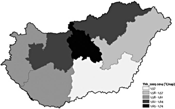 Ezen hőhullámos napok során a küszöbhőmérséklet feletti többlethőmérséklet átlagos értékei 1,5 C és 1,78 C között változtak megyei szinten, az ország középső