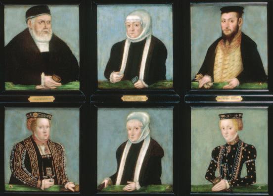 A Jagelló család portrésorozata. Ifj. Lucas Cranach (1515 1586) mıhelye, kb. 1553 1556. (részlet). FelsŒ sor, balról: 1. I. (Öreg) Zsigmond lengyel király és litván nagyfejedelem. 2.