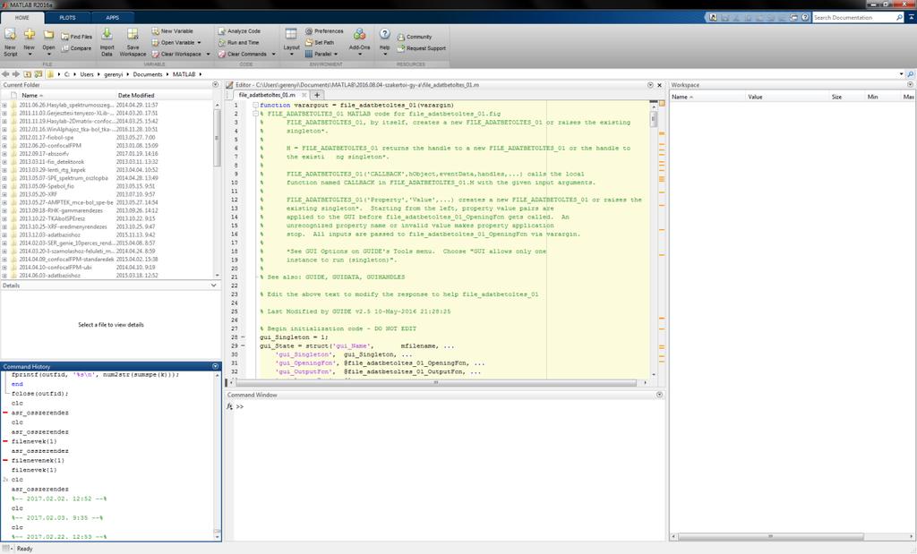 Matlab képernyője Az egyes részablakok áthelyezhetőek. Fő tudnivalók róluk, fontossági sorrendben: Command window: ide írhatunk parancsokat, ide is írja ki az eredményt.