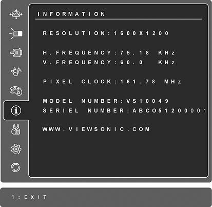 Vezérlés Magyarázat Information: megjelenti az id zemmdot (videojel bemenet), ami a szmtgp grafikus krtyjtl, az LCD-kijelz szriaszmtl s a ViewSonic Weblap-tl jn.