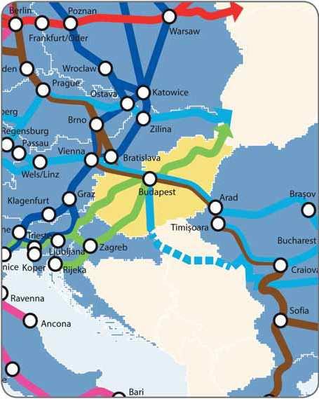 A Magyarországot érintő TEN-T korridorok a 6-os számú, az ukrán határt az Ibériai-félsziget kikötőivel összekötő Mediterrán folyosó a 7-es számú, keleti keletföldközi-tengeri Orient-Med