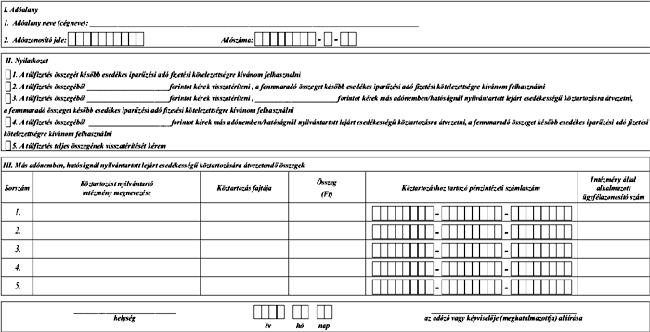 adókötelezettségről szóló helyi iparűzési adóbevalláshoz Nyilatkozat túlfizetésről 12. melléklet a 35/2008.