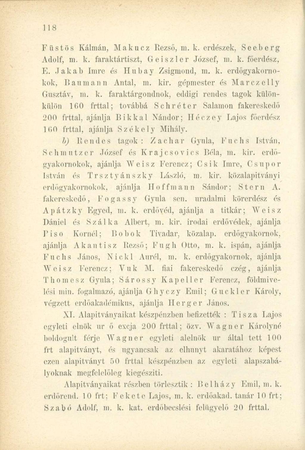 Füstös Kálmán, Makacz Rezső, m. k. erdészek, See.berg Adolf, m. k. faraktártiszt, Geiszlcr József, m. k. főerdész, E. Jakab Imre és Hubay Zsigmond, m. k. erdőgyakornokok, Baumann Antal, m. kir.