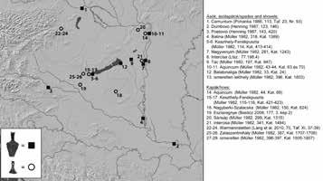 3. kép: A Keled utcában talált ásó és kapák párhuzamai és elterjedésük Pannoniában (Alaptérkép: Holl Balázs) Fig.