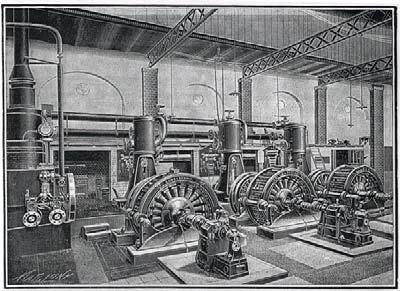 Kis magyar technika történet - 2 Korai váltakozóáramú Ganz erőmű rajza, gőzgéppel hajtott generátorokkal, delta típusú gerjesztőgépekkel (Velence, 1892). Zipernowsky Károly (Bécs, 1853. ápr. 4.
