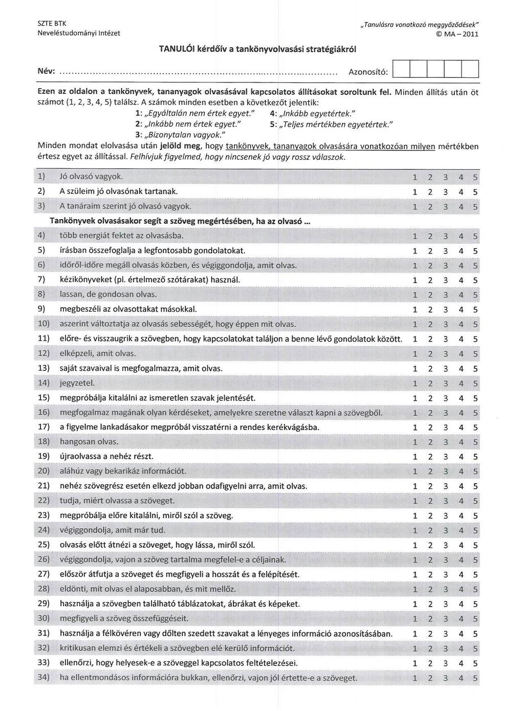 3. melléklet: Tanulói kérdőív a