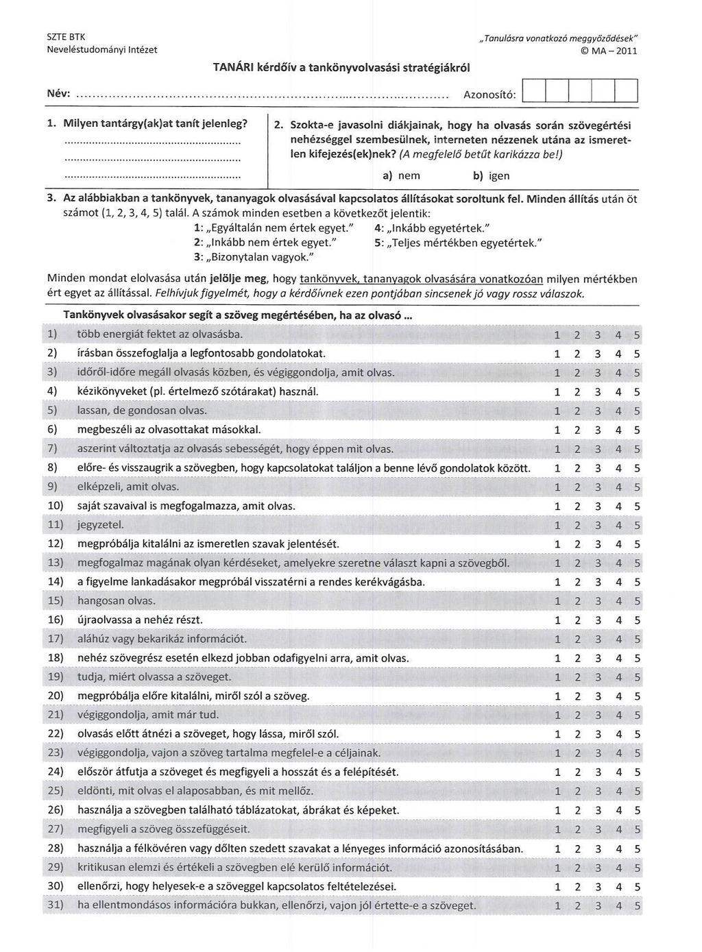 4. melléklet: Tanári kérdőív a