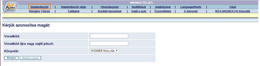 Itt kiválaszthatjuk, hogy melyik könyvtári adatbázisban szeretnénk keresni (az Adatbázisok menüpontra kattintva is elérhetjük ezt a lehetőséget) Bejelentkezés: az olvasójegyen található vonalkód és a