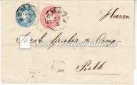 Vegyes bérmentesítésű ajánlott levél Pest/Abends és Esztergom között. 1861-es 10 krajcáros és 1863-as 5 krajcáros bélyeggel bérmentesítve. / 1864.07.20.