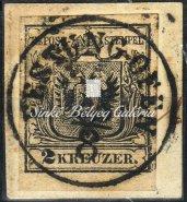 típus, kézi papíron és Temesvár vonalbélyegzéssel. (A 2.20.) 150 Gp. / 1850. Typography 9 krajcár stamp on picece, type I.