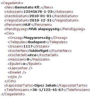 1.2 Cégadatok A cégadatok az XML fájlban található adatok azonosítása, illetve a főkönyvi kivonat használata miatt szükségesek, ezért a címkéket többnyire kötelező megadni a fájl elkészítése során.