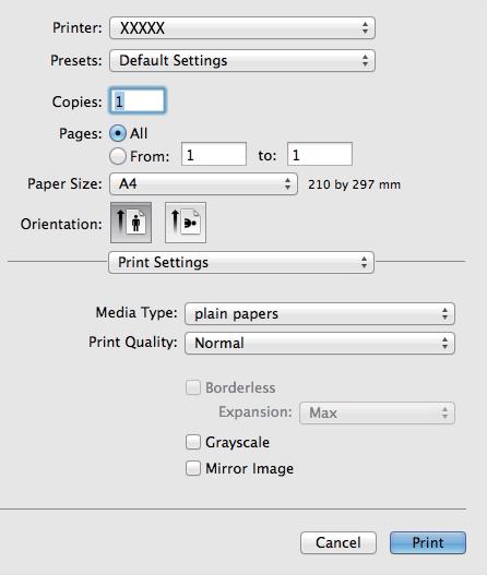 Nyomtatás 5. Jelölje ki a Nyomtatási beállítások lehetőséget a felugró menüből. Mac OS X v10.8.