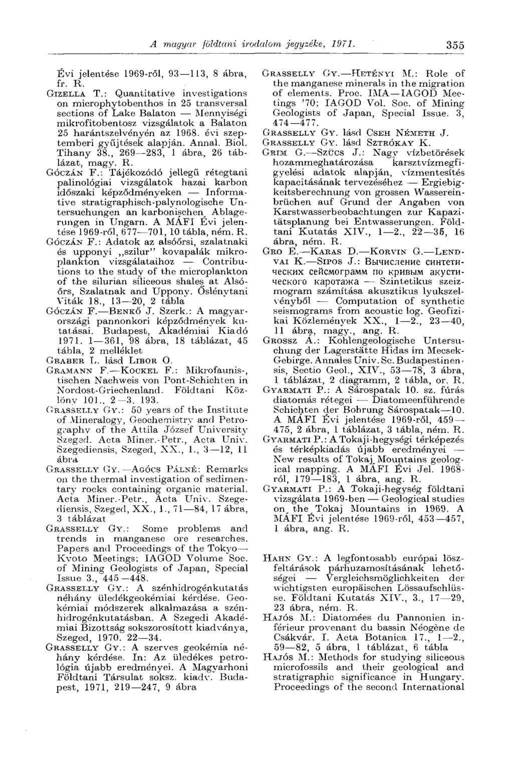 A magyar földtani irodalom jegyzéke, 1971. 355 Évi jelentése 1969-ről, 93 113, 8 ábra, fr. R. GIZELLA T.