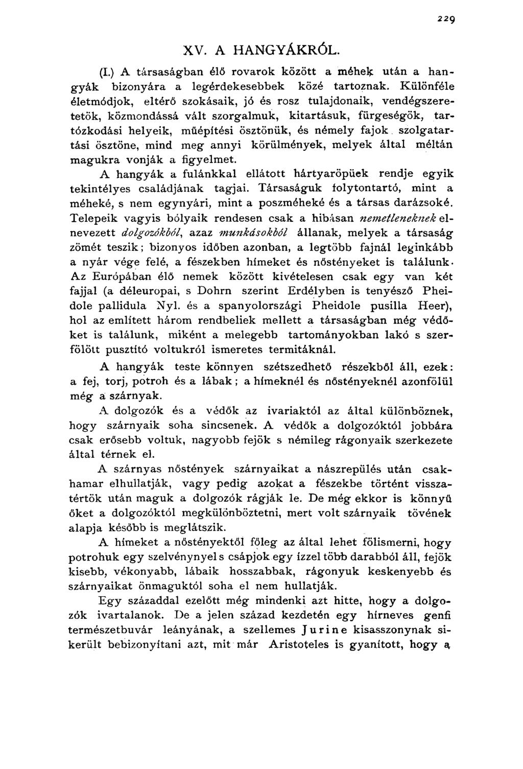 229 XV. A HANGYÁKRÓL. (I.) A társaságban élő rovarok között a méhel^ után a hangyák bizonyára a legérdekesebbek közé tartoznak.