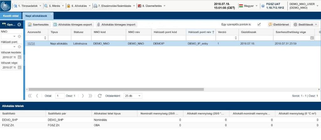 2.2 Napi allokálás benyújtása excel fájl exportálással és a modulba való importálással Allokálás > Napi allokálások menüpont A funkció a napi allokálások listázó felületről indítható a Tömeges export