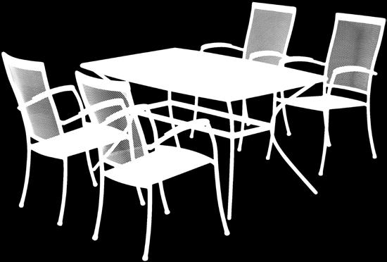 és fekete, edzett üveg asztalappal. Kényelmes rakásolható székek acélból, hálós ülés-és hátrésszel.