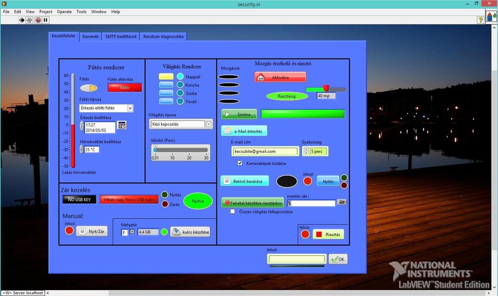 Tisztelt National Instruments! Az én pályamunkám egy lakás, amelyben automatizált a fűtés, a világítás, és tartalmaz egy riasztó és kamera rendszert.