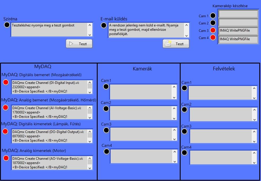 A program 4 kamerát képes kezelni. A VI indítása előtt ki kell választani a kamerákat. Riasztáskor jelez a felvétel LED, és természetesen felveszi a kamrán látottakat.