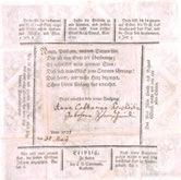 224. 224. 224. Keresztlevél 1771-ből Kecskés Pál részére kiállítva, a hátoldalon színezett rézmetszettel díszítve. Német nyelvű nyomtatvány Lipcséből, alul kézírással kitöltve.