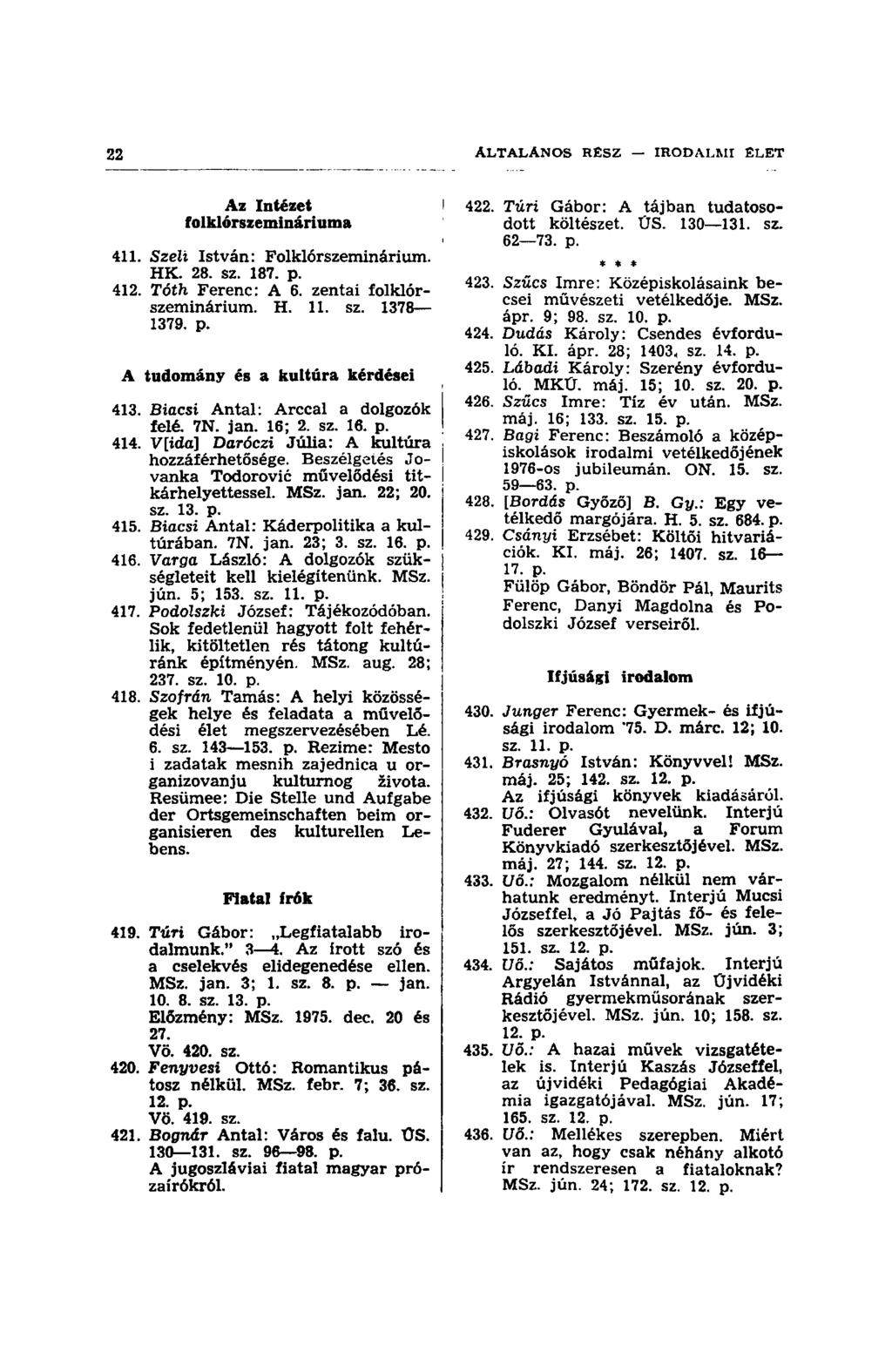 Az Intézet folklórszemináriuma 411. Szelt István: Folklórszeminárium. HK. 28. sz. 187. p. 412. Tóth Ferenc: A 6. zentai folklórszeminárium. H. 11. sz. 1378 1379. p. A tudomány és a kultúra kérdései 413.