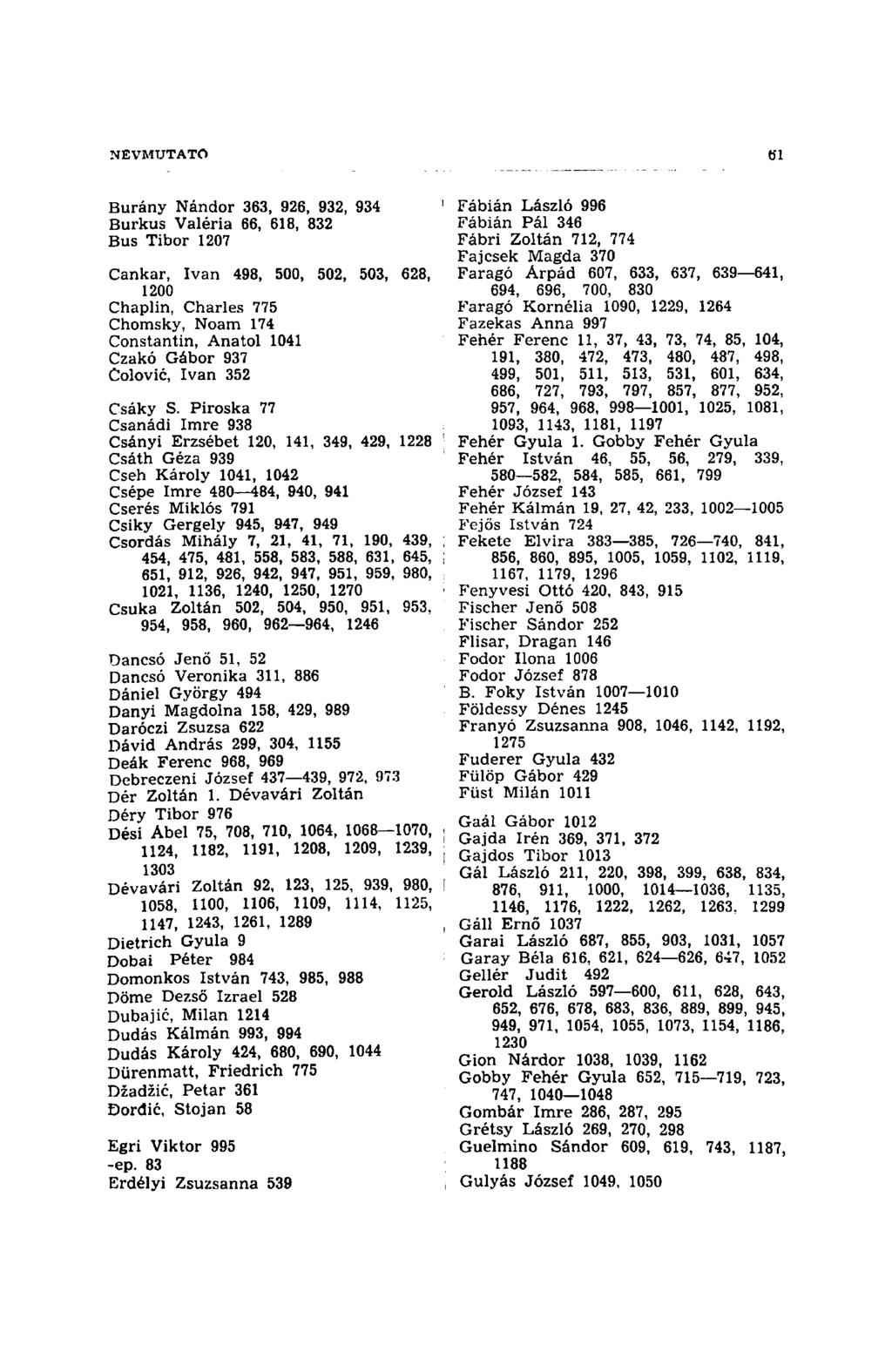 Burány Nándor 363, 926, 932, 934 Burkus Valéria 66, 618, 832 Bus Tibor 1207 Cankar, Ivan 498, 500, 502, 503, 628, 1200 Chaplin, Charles 775 Chomsky, Noam 174 Constantin, Anatol 1041 Czakó Gábor 937