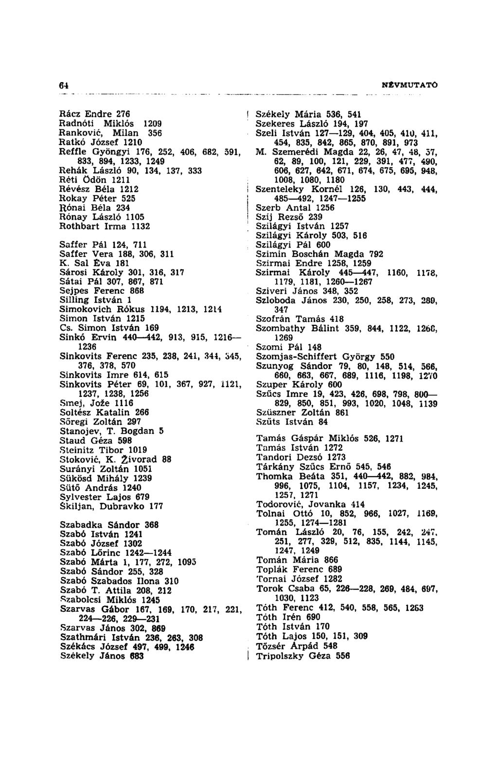 Rácz Endre 276 Radnóti Miklós 1209 Rankovié, Milan 356 Ratkó József 1210 Reffle Gyöngyi 176, 252, 406, 682, 591, 833, 894, 1233, 1249 Rehák László 90, 134, 137, 333 Réti Ödön 1211 Révész Béla 1212