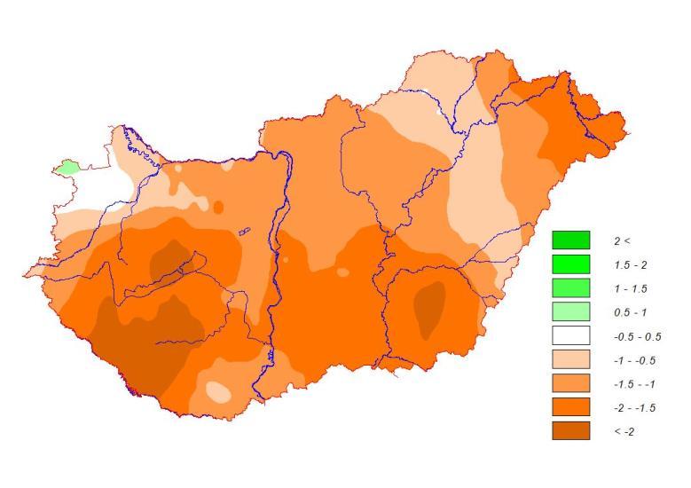 Aszályindexek vizsgálata, aszályérzékenység, aszályklimatológia Alkalmazott klimatológiai vizsgálatok Az augusztusi, 6 havi SPI