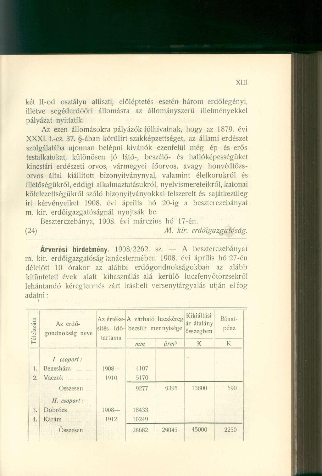 két II-od osztályú altiszti, előléptetés esetén három erdőlegényi, illetve segéderdőőri állomásra az állományszerü illetményekkel pályázat nyittatik.