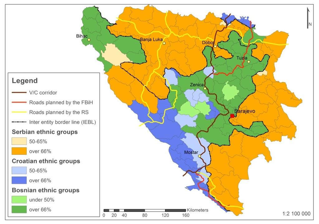 7. ábra: Közlekedésfejlesztés és etnikai szállásterület kartográfia: Simon Bertalan Banja Luka-Split autópálya A vasútfejlesztéshez némileg hasonló a kínai finanszírozóval és kivitelezővel
