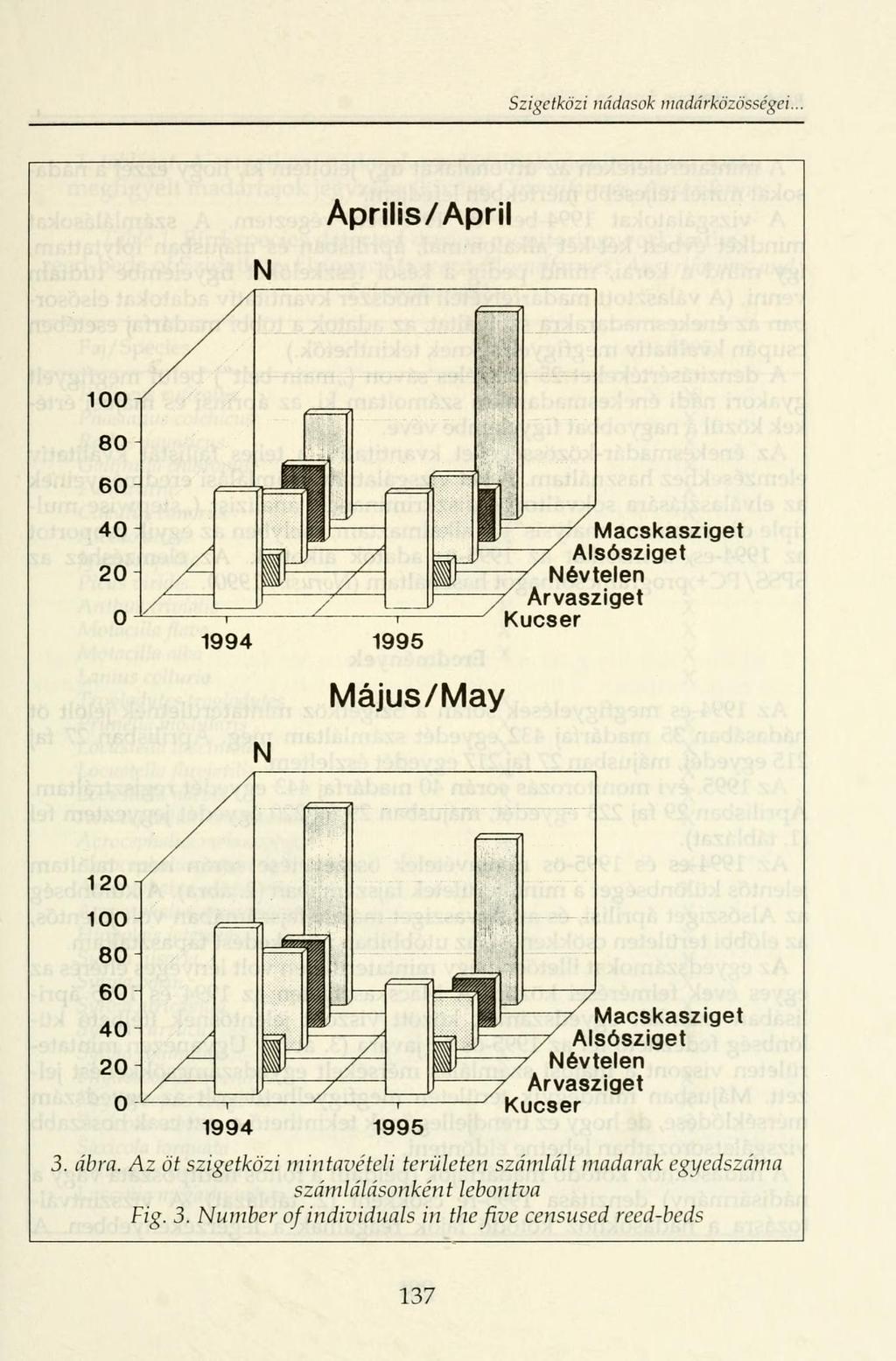 Szigetközi nádasok tnadárközösségei. Aprilis/April N iget 1994 1995 Május/May 1994 1995 Macskasziget Alsósziget Névtelen Arvasziget Kucser 3. ábra.