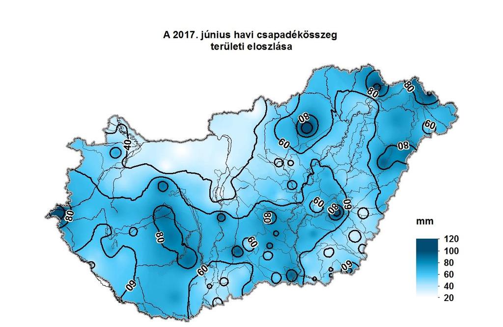 1. HELYZETÉRTÉKELÉS Csapadék 2017 júniusában a rendelkezésre álló adatok szerint az ország területére lehullott csapadék mennyisége 21 mm (Tata) és 117 mm (Eger) között alakult.
