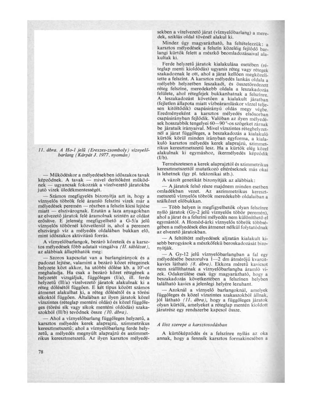 11. ábra. A Ho-1 jelű (Ereszes-zsomboly) víznyelőbarlang (Kárpát J. 1977. nyomán) Működéskor a mélyedésekben időszakos tavak képződnek.