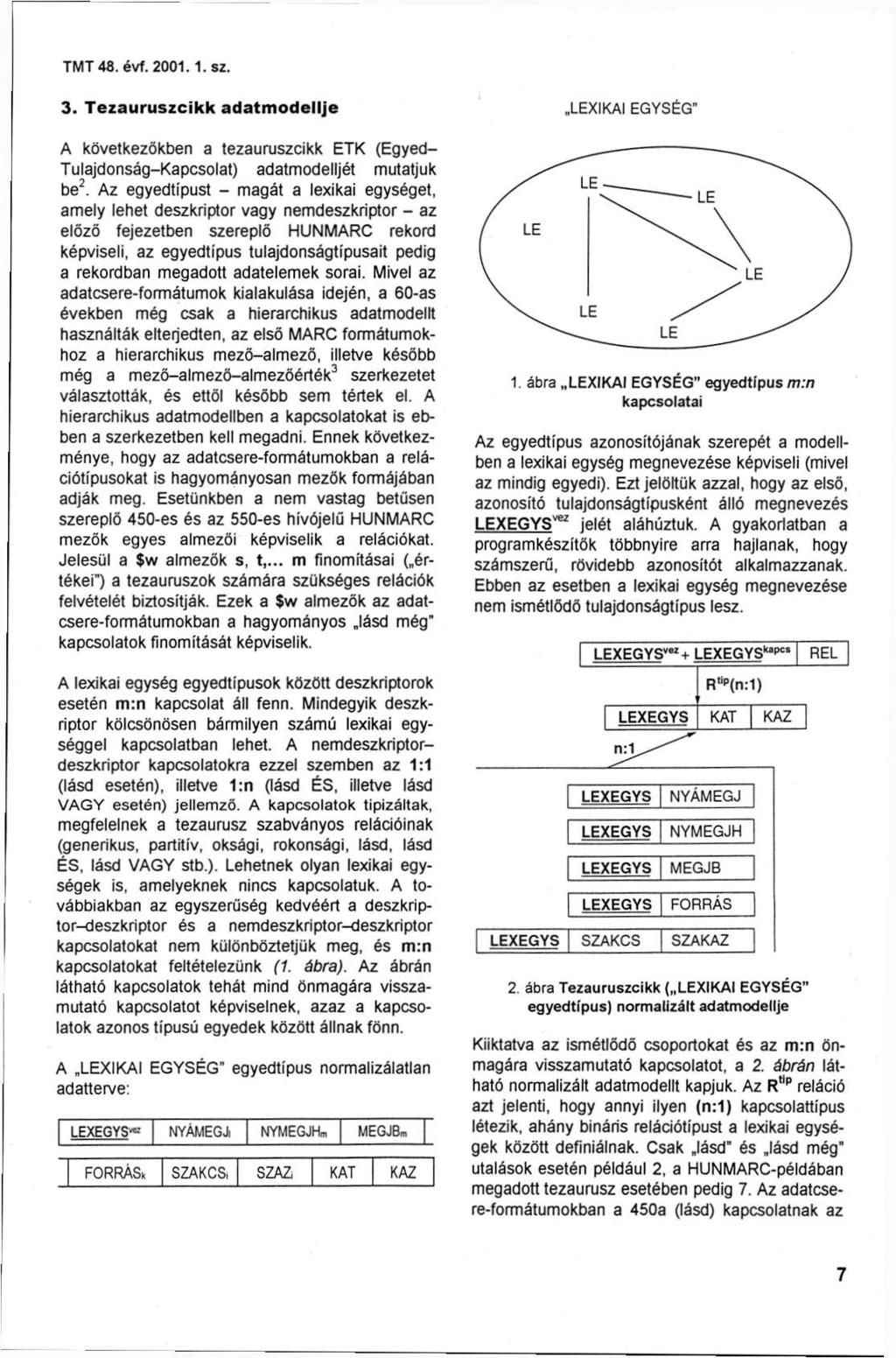 TMT48. évf. 2001.1.sz. 3. Tezauruszcikk adatmodellje LEXIKAI EGYSÉG" A következőkben a tezauruszcikk ETK (Egyed- Tulajdonság-Kapcsolat) adatmodelljét mutatjuk be 2.