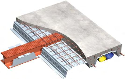 Kis szerkezeti magasságú öszvérgerendák Újszerű, integrált öszvérgerendák Szerkezeti kialakítás Slim-floor Shallow-floor - acél gerenda a födémlemezbe integrálva, -